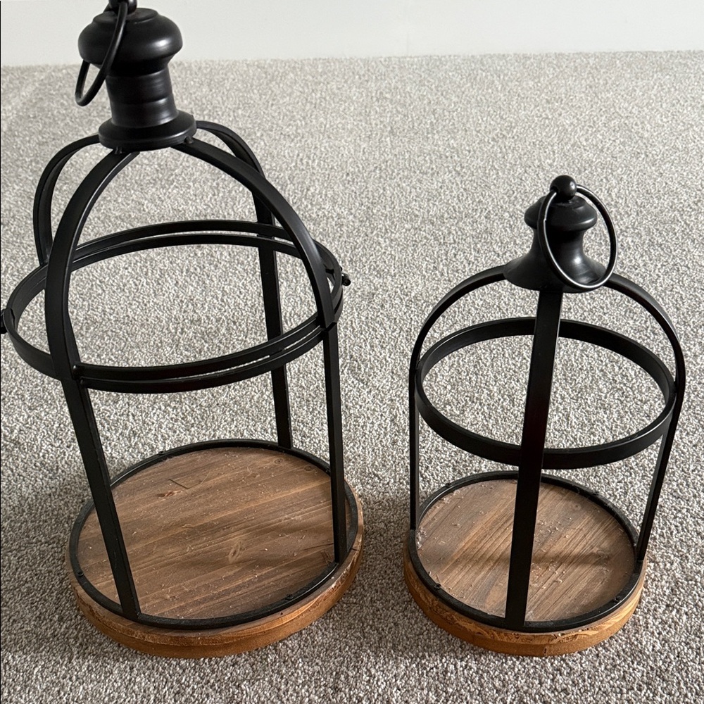 Black Metal and Wood Lantern Set